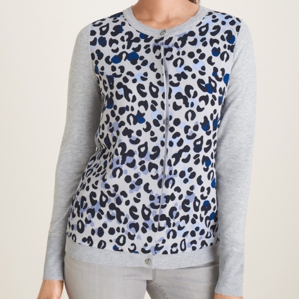 Chico's Light Gray and Blue Leopard Print Cardigan Sweater